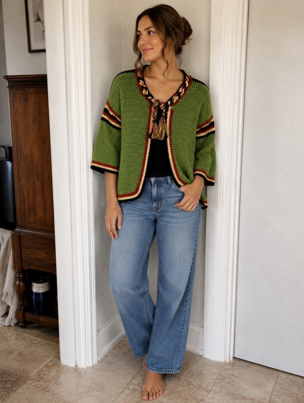 Handmade Green Open Cardigan With Tassels Sz L